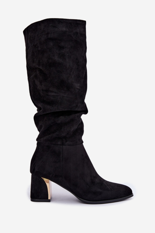 Schwarze Veloursstiefel mit Raffung und Blockabsatz