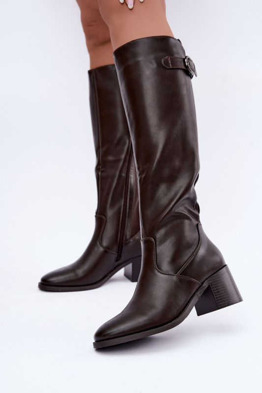 Gefütterte Stiefel mit Blockabsatz und Schnalle, braun