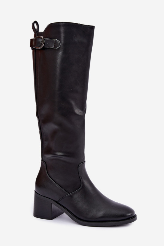 Gefütterte Stiefel mit Blockabsatz und Schnalle schwarz