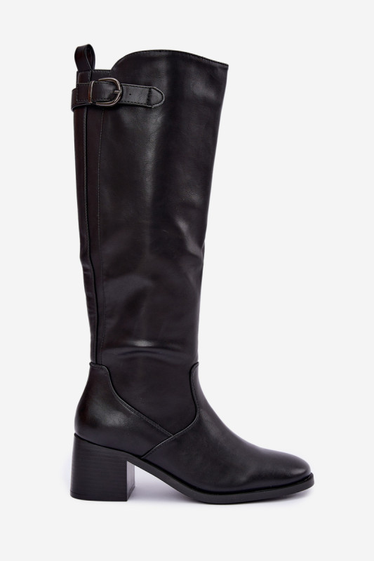 Gefütterte Stiefel mit Blockabsatz und Schnalle schwarz