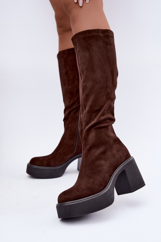 Braune Overknee-Stiefel aus Velourslederimitat mit Plateau und Blockabsatz
