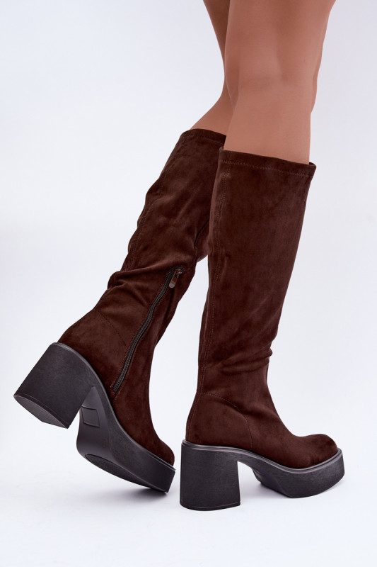 Braune Overknee-Stiefel aus Velourslederimitat mit Plateau und Blockabsatz