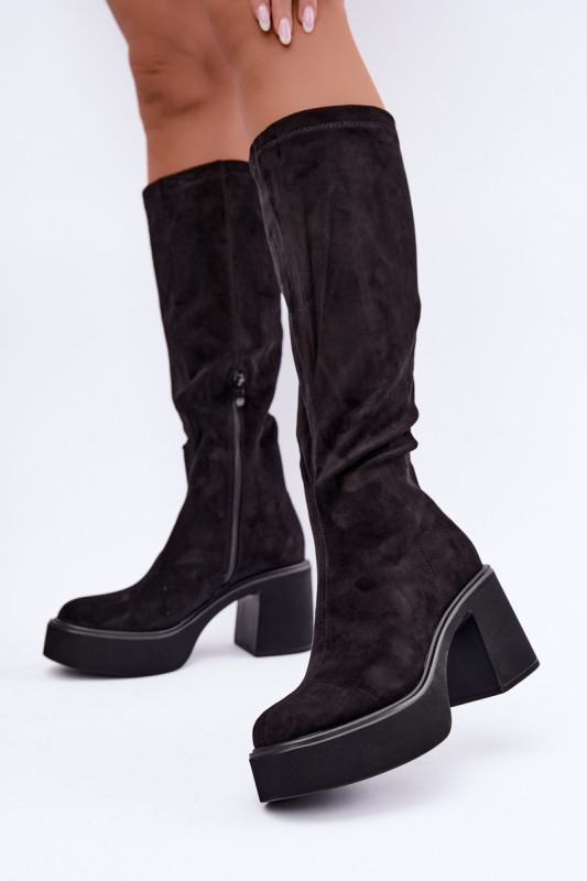 Schwarze Overknee-Stiefel mit Plateau und Blockabsatz