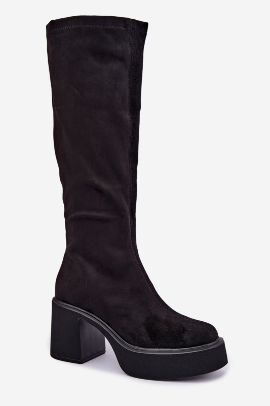 Schwarze Overknee-Stiefel mit Plateau und Blockabsatz