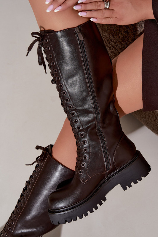 Braune Schnürstiefel mit Plateau aus Kunstleder