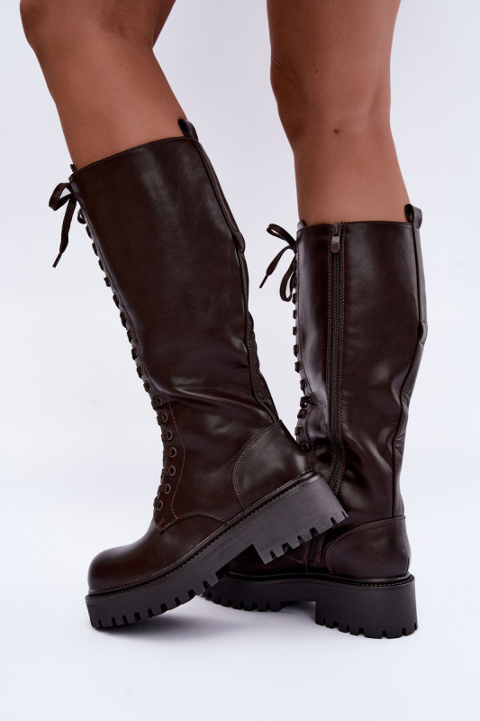 Braune Schnürstiefel mit Plateau aus Kunstleder