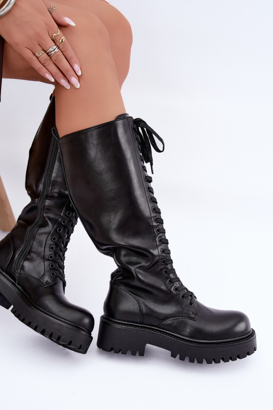 Schnürstiefel auf Plateau, gefüttert, schwarz
