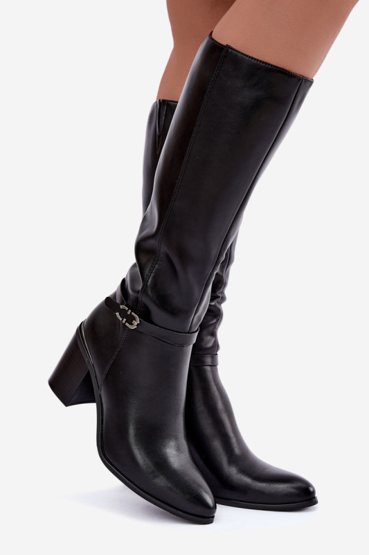 Gefütterte Stiefel mit Blockabsatz und Zierband, schwarz