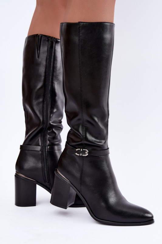 Gefütterte Stiefel mit Blockabsatz und Zierband, schwarz