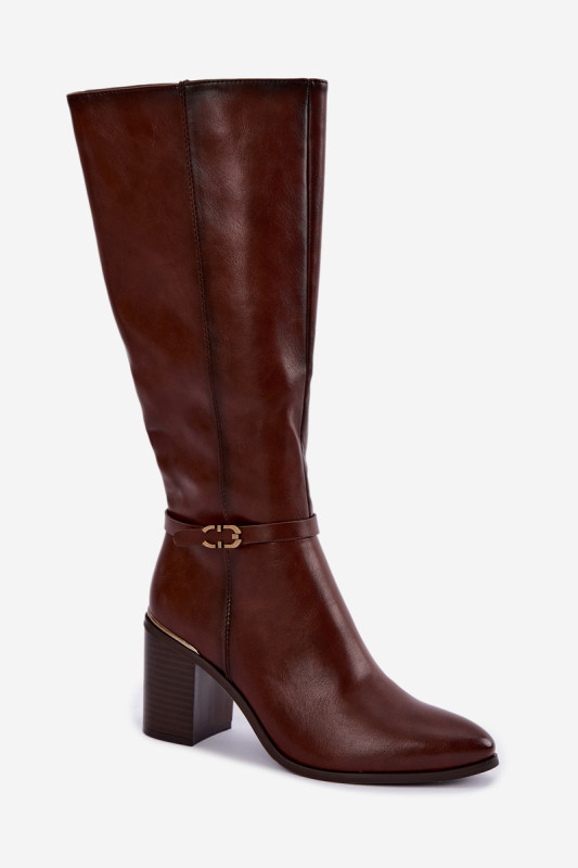 Gefütterte braune Stiefel mit Absatz und Zierband