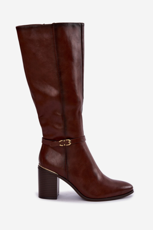 Gefütterte braune Stiefel mit Absatz und Zierband