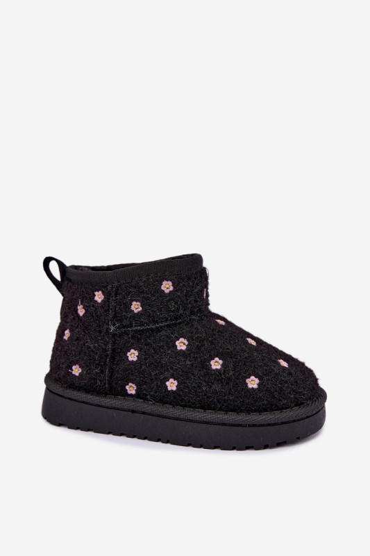 Schwarzer Schneestiefel mit kleinen Blumen und Fell
