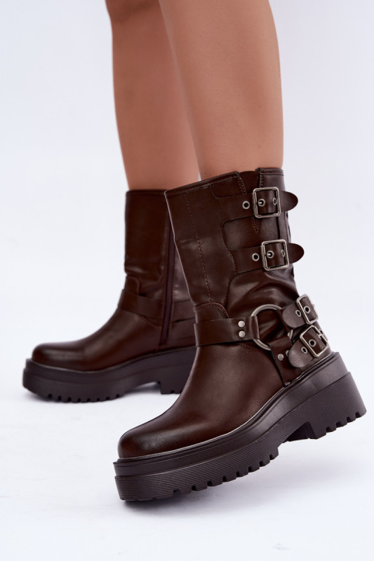 Braune Stiefelette mit Plateau und Schnallen