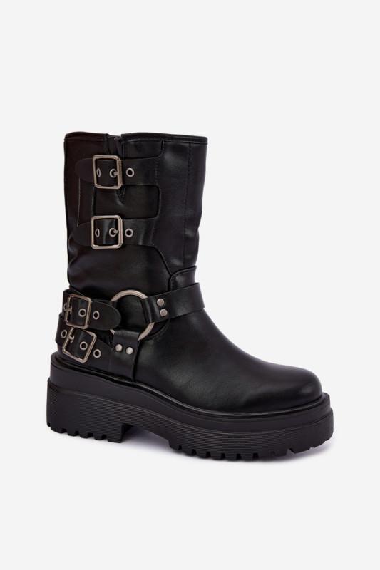 Schwarze Stiefelette mit Plateau und Schnallen