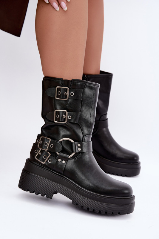 Schwarze Stiefelette mit Plateau und Schnallen