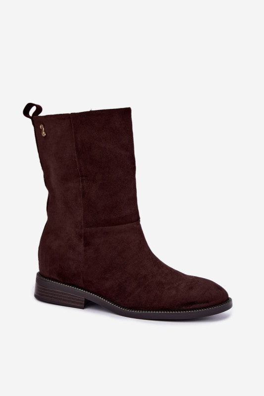 Gefütterte braune Stiefelette aus Wildlederimitat mit flachem Absatz