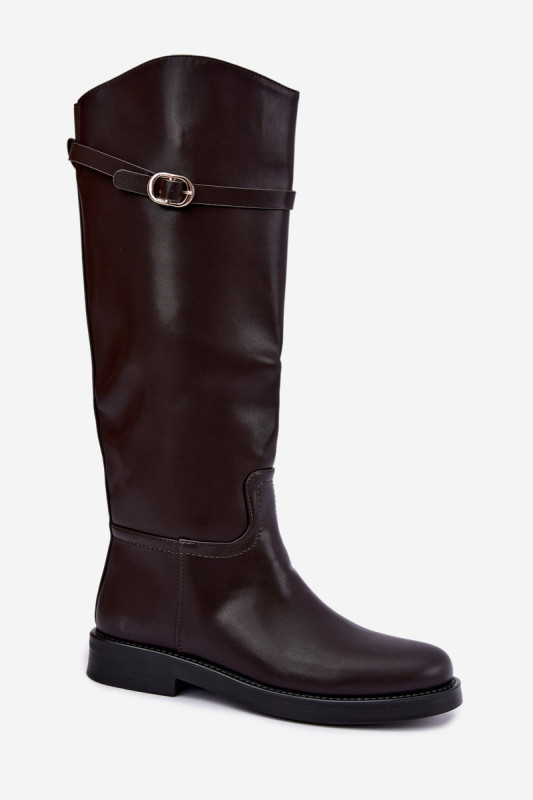 Stiefel mit flachem Absatz, Riemen und goldener Schnalle, braun