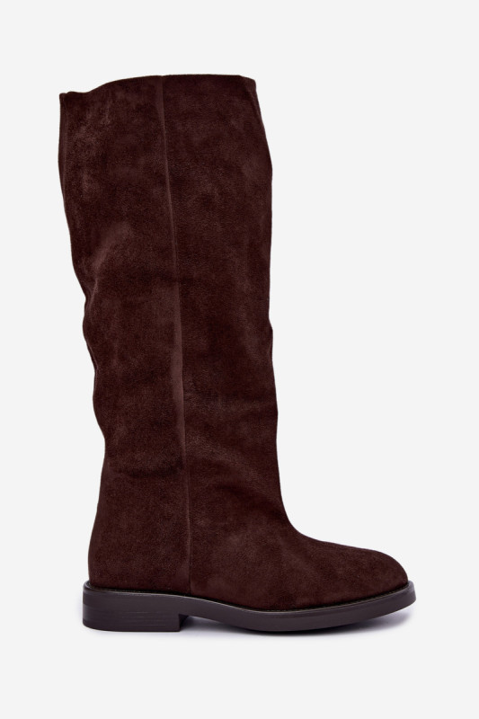 Braune Overknee-Stiefel aus Velourslederimitat mit flachem Absatz