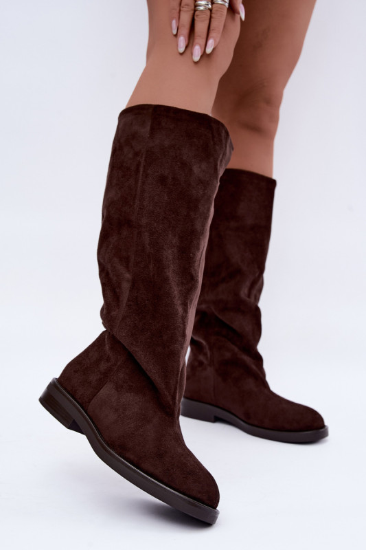 Braune Overknee-Stiefel aus Velourslederimitat mit flachem Absatz