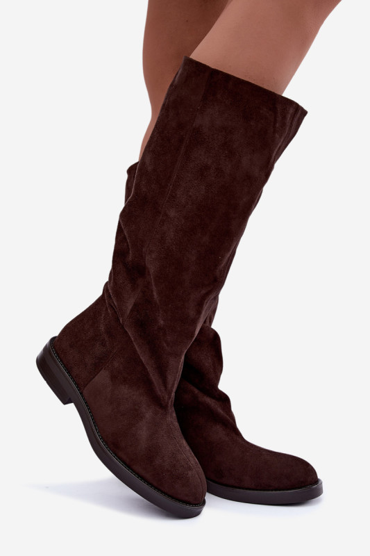 Braune Overknee-Stiefel aus Velourslederimitat mit flachem Absatz