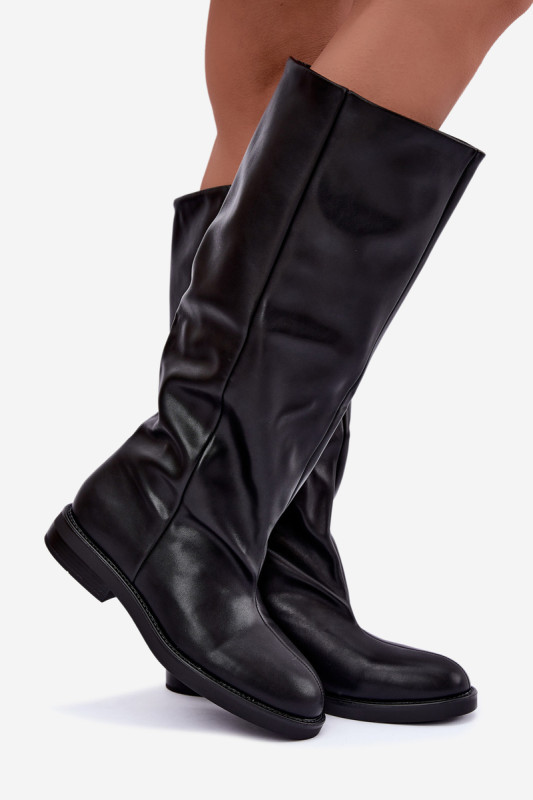 Schwarze Overknee-Stiefel aus Kunstleder mit flachem Absatz