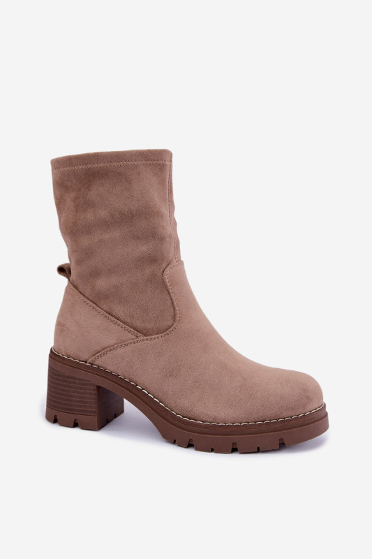 Beige Stiefelette mit Blockabsatz aus Velourslederimitat