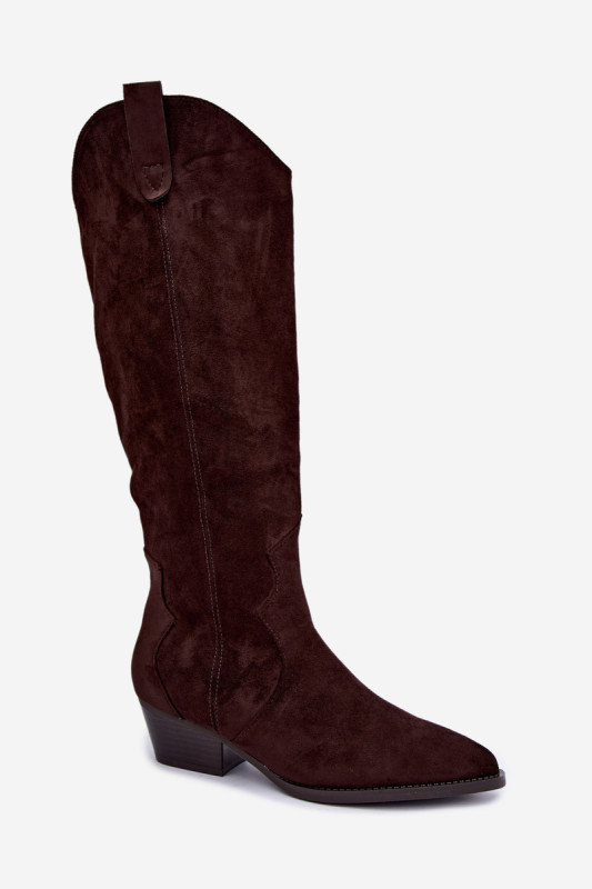 Gefütterte braune Overknee-Stiefel mit Blockabsatz aus Wildlederimitat