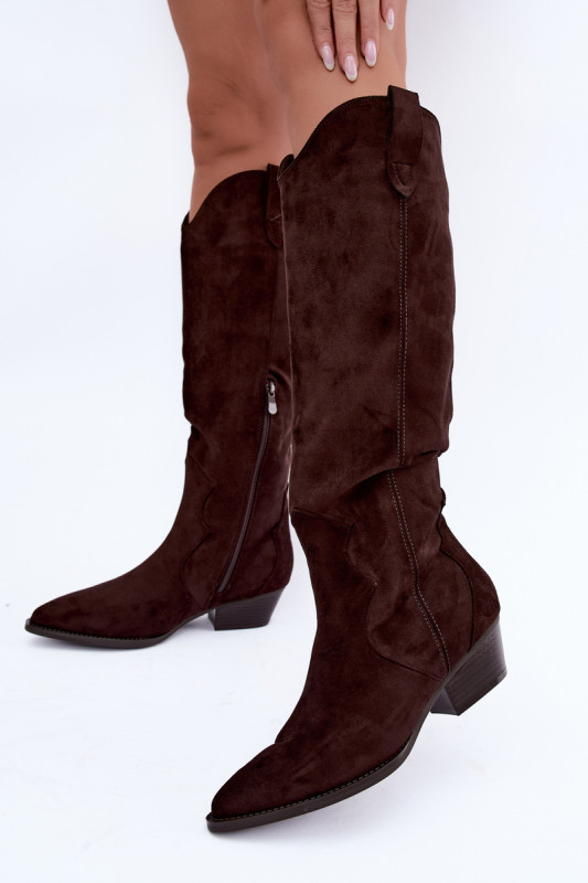 Gefütterte braune Overknee-Stiefel mit Blockabsatz aus Wildlederimitat