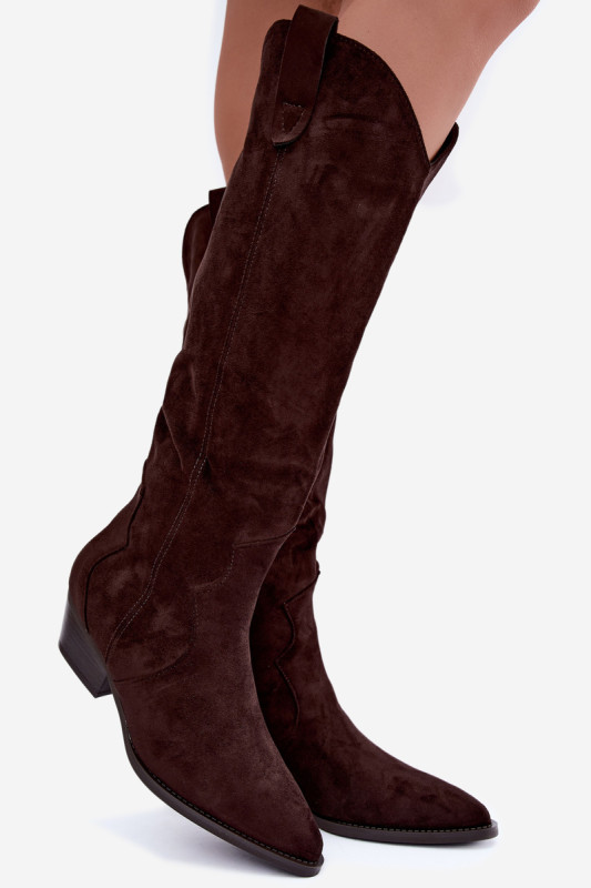 Gefütterte braune Overknee-Stiefel mit Blockabsatz aus Wildlederimitat