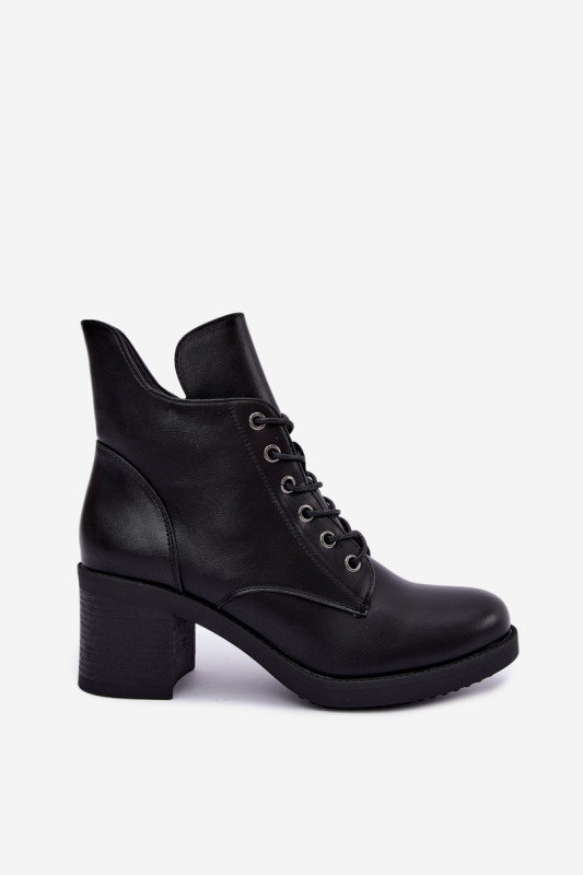 Schnürbare gefütterte Stiefelette mit Blockabsatz, schwarz