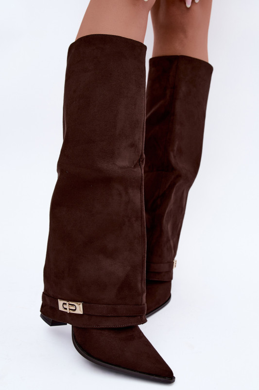 Gefütterte Stiefel mit umgeschlagenem Schaft und Absatz, braun
