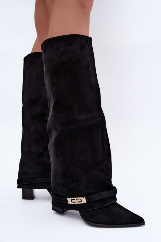 Gefütterte Overknee-Stiefel mit umgeschlagenem Schaft und Absatz schwarz