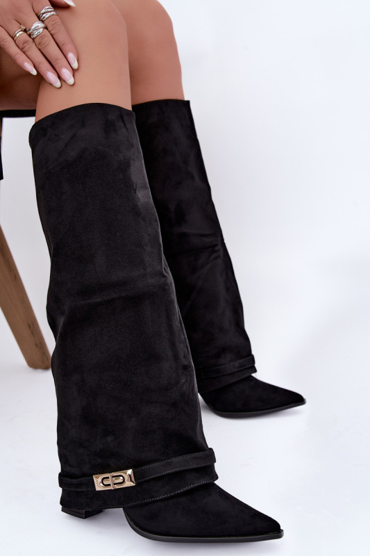 Gefütterte Overknee-Stiefel mit umgeschlagenem Schaft und Absatz schwarz