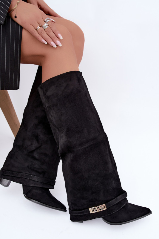 Gefütterte Overknee-Stiefel mit umgeschlagenem Schaft und Absatz schwarz