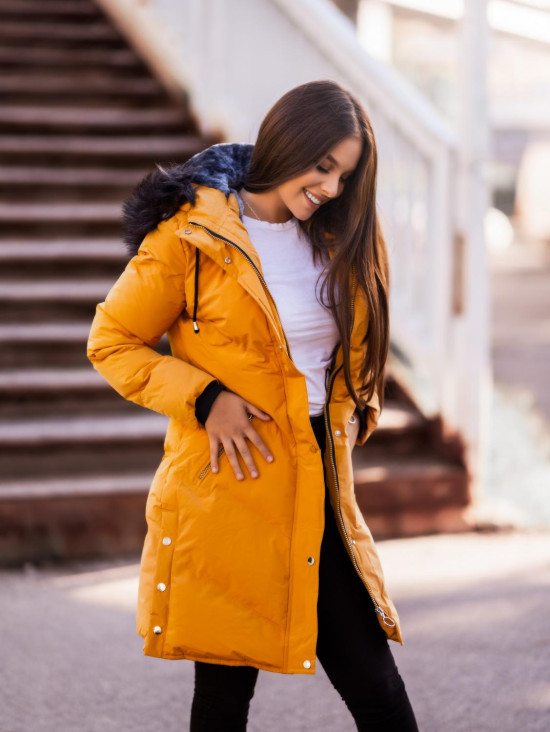 Winterjacke mit Fellimitat an der Kapuze gelb