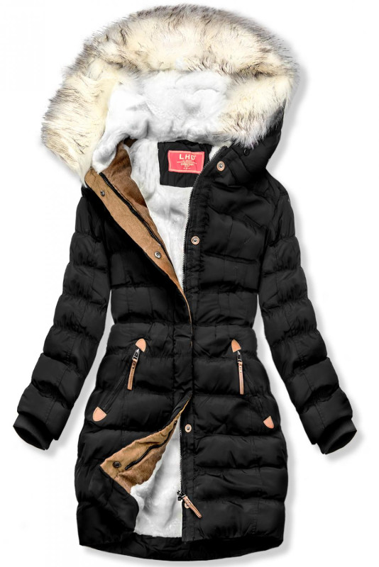 Steppjacke mit Fellimitat an der Kapuze schwarz