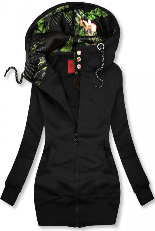 Sweatjacke - geblümtes Kapuzenfutter schwarz