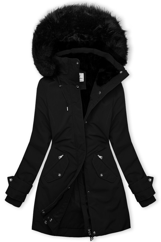 Wintermantel mit Kapuze und Kunstfell Schwarz
