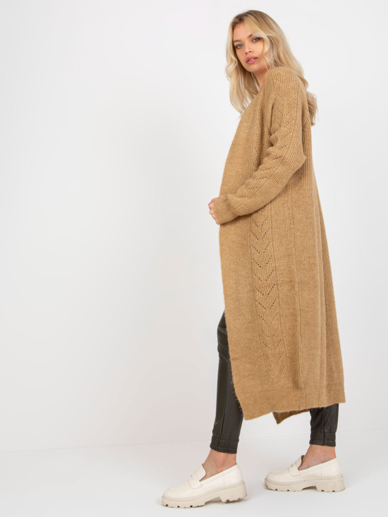 Camelfarbener Maxi-Cardigan mit Ajourmuster