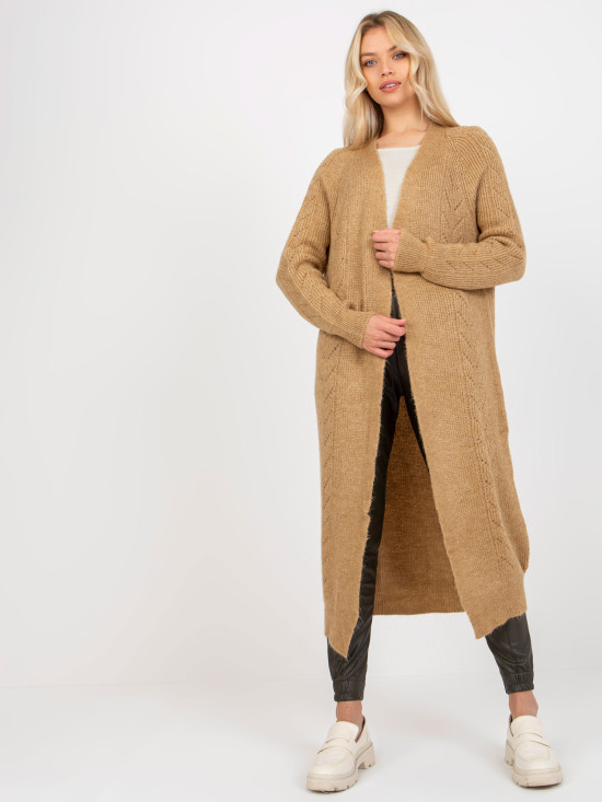 Camelfarbener Maxi-Cardigan mit Ajourmuster