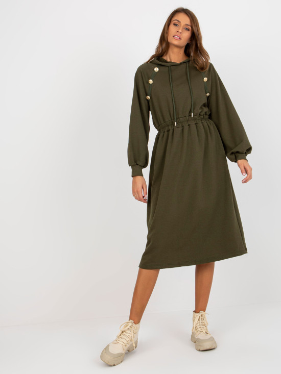 Khaki Midi ausgestellte Sweatkleid mit Knöpfen