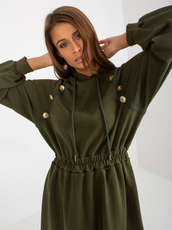 Khaki Midi ausgestellte Sweatkleid mit Knöpfen
