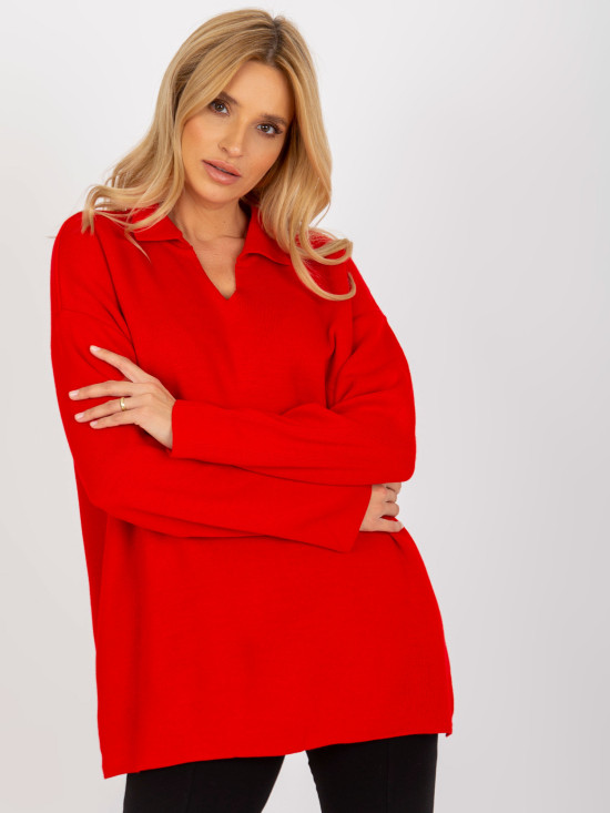 Roter langer Oversize-Pullover mit Kragen RUE PARIS