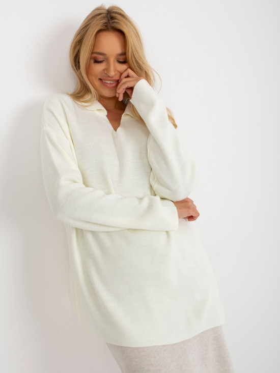 Ecru langer Oversize-Pullover mit Kragen RUE PARIS