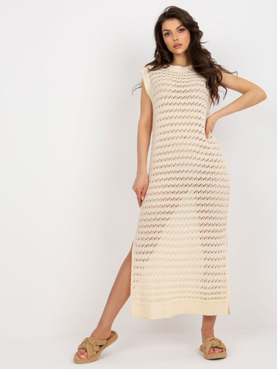 Helle beige Maxi-Strickkleid mit Schlitzen