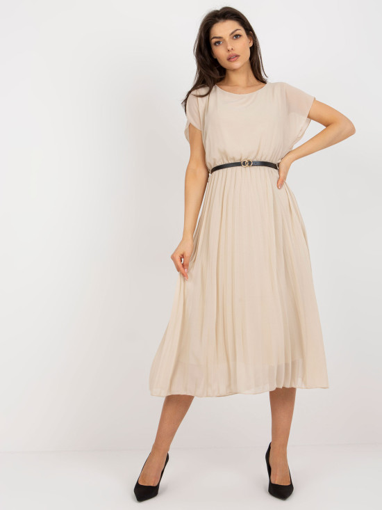 Beige Midi Kleid mit ausgestelltem Schnitt und Falten