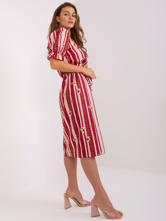 Bordeaux Midi Kleid mit Druck und Raffung