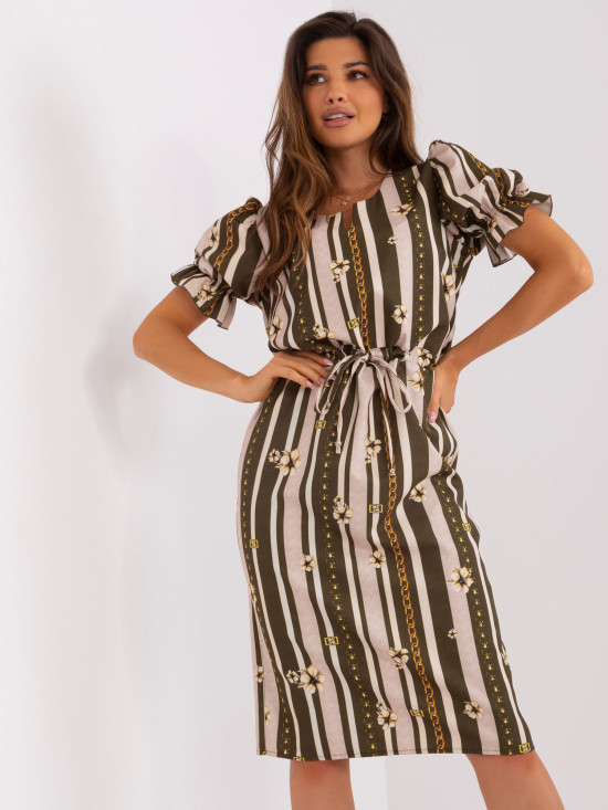 Khaki Midi-Kleid mit Druck und kurzen Ärmeln