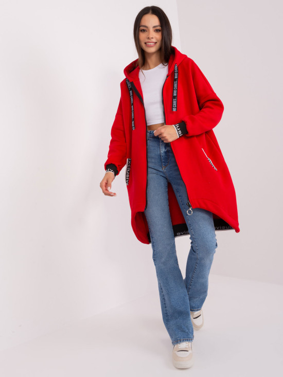 Rote lange Kapuzenjacke mit Reißverschluss