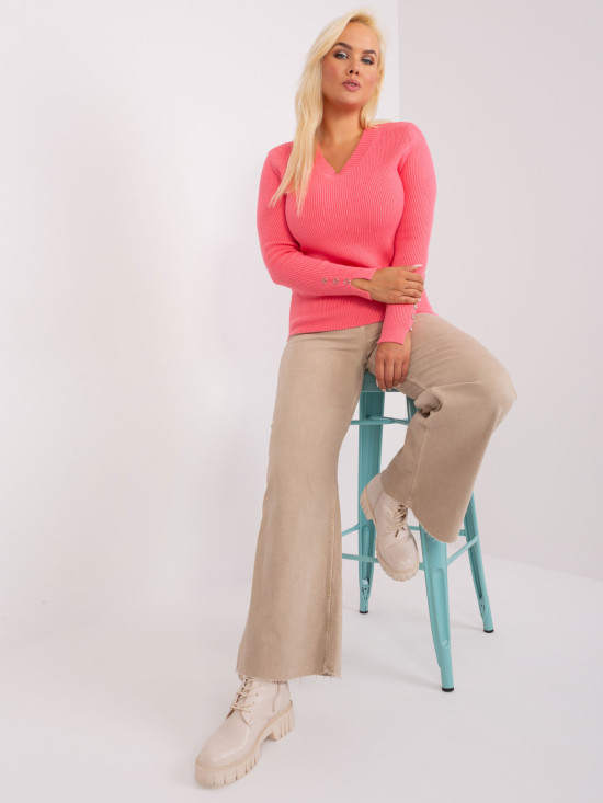 Korallenfarbener Damenpullover in Übergröße mit V-Ausschnitt